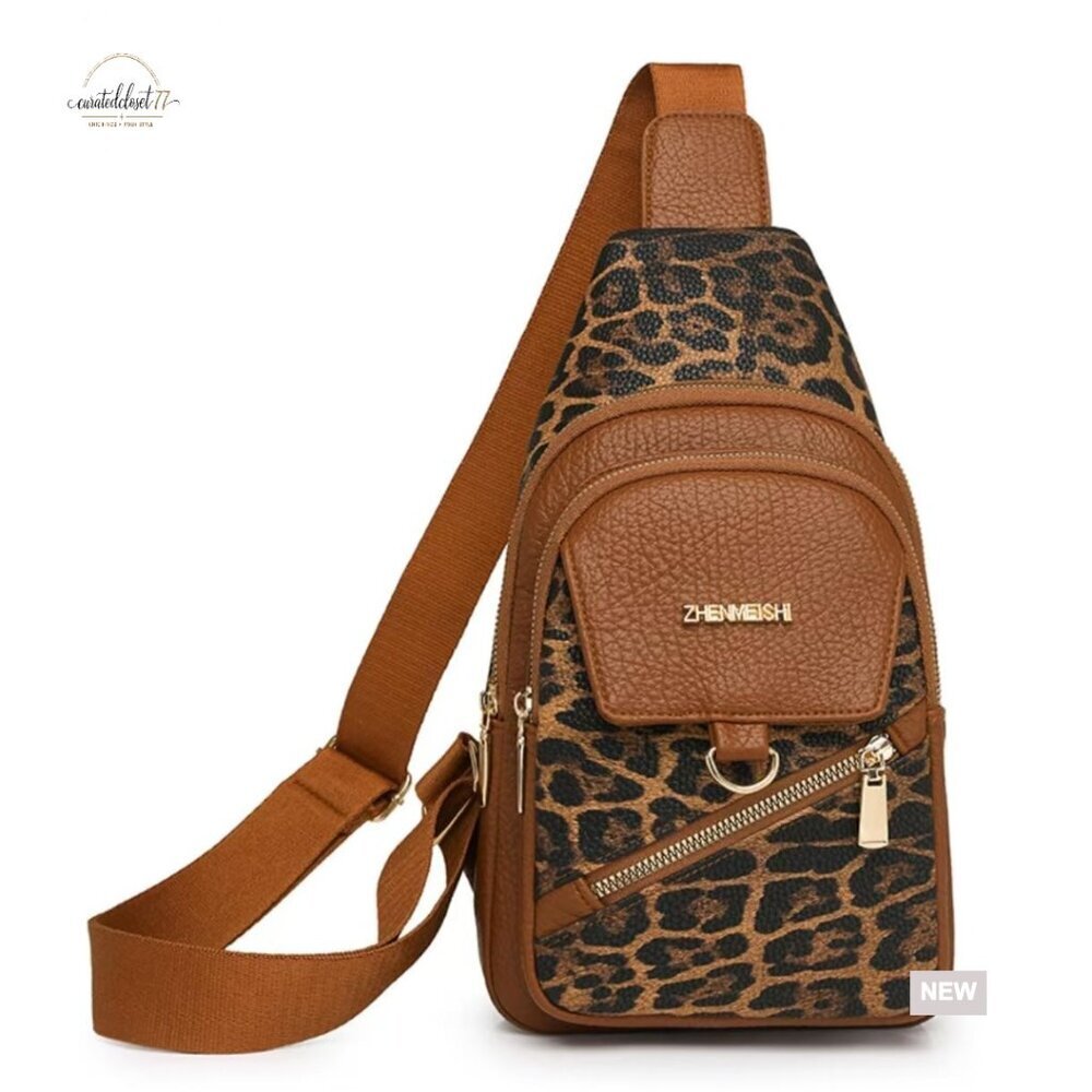 Leopard Print Sling Bag, Water-Repellent PU Leather, Adjustable Crossbody,
